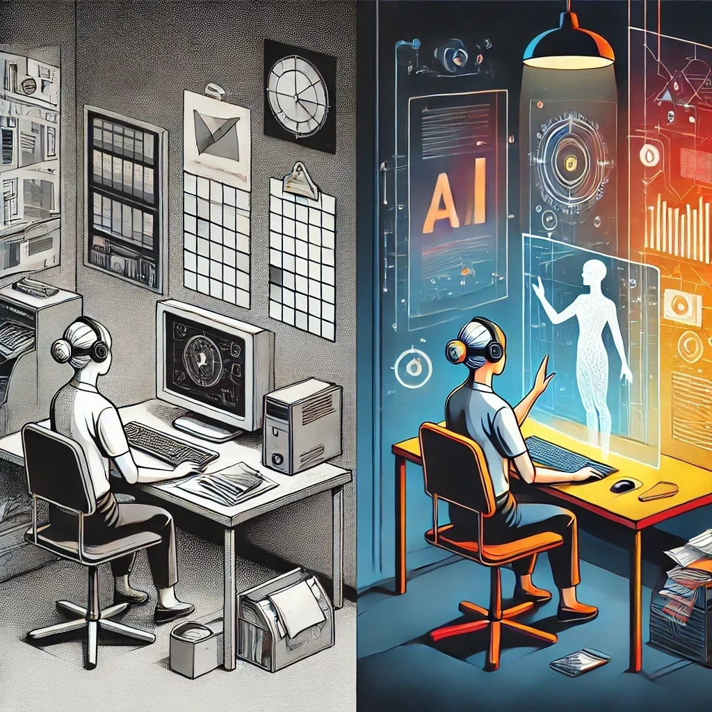 A split-screen visual showing a traditional customer service setup on one side (person at desk with headset) and a modern AI-enhanced CSM workspace on the other (person collaborating with holographic/digital displays showing AI insights), illustrating the evolution of the CSM.